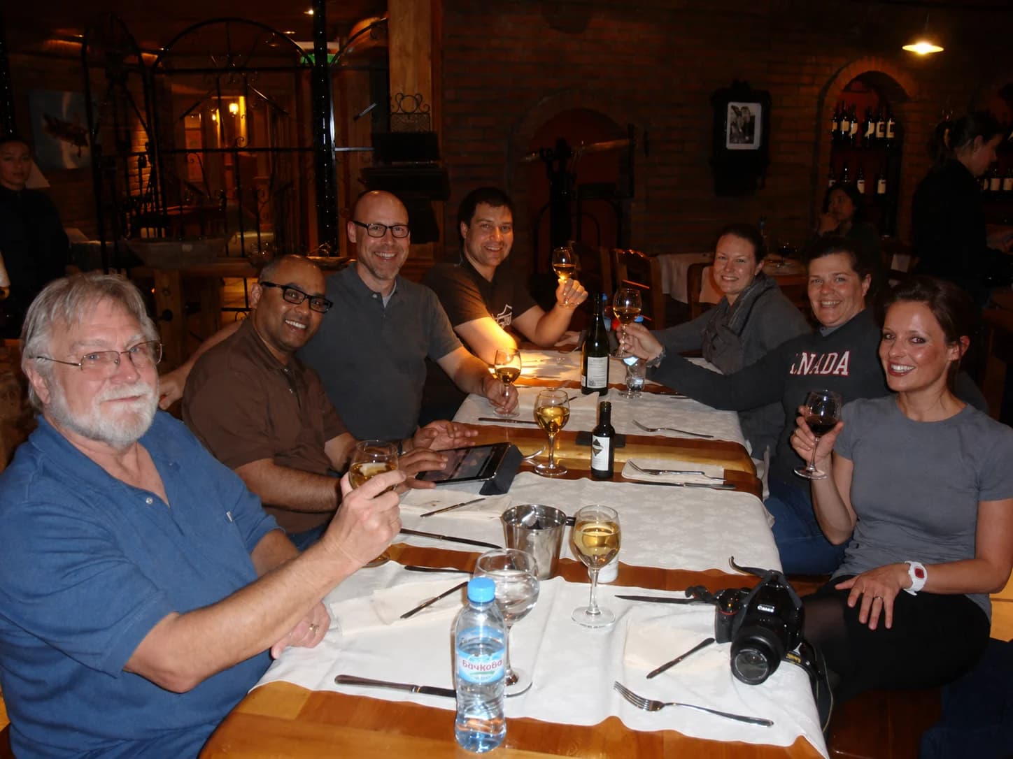 The expedition group at dinner